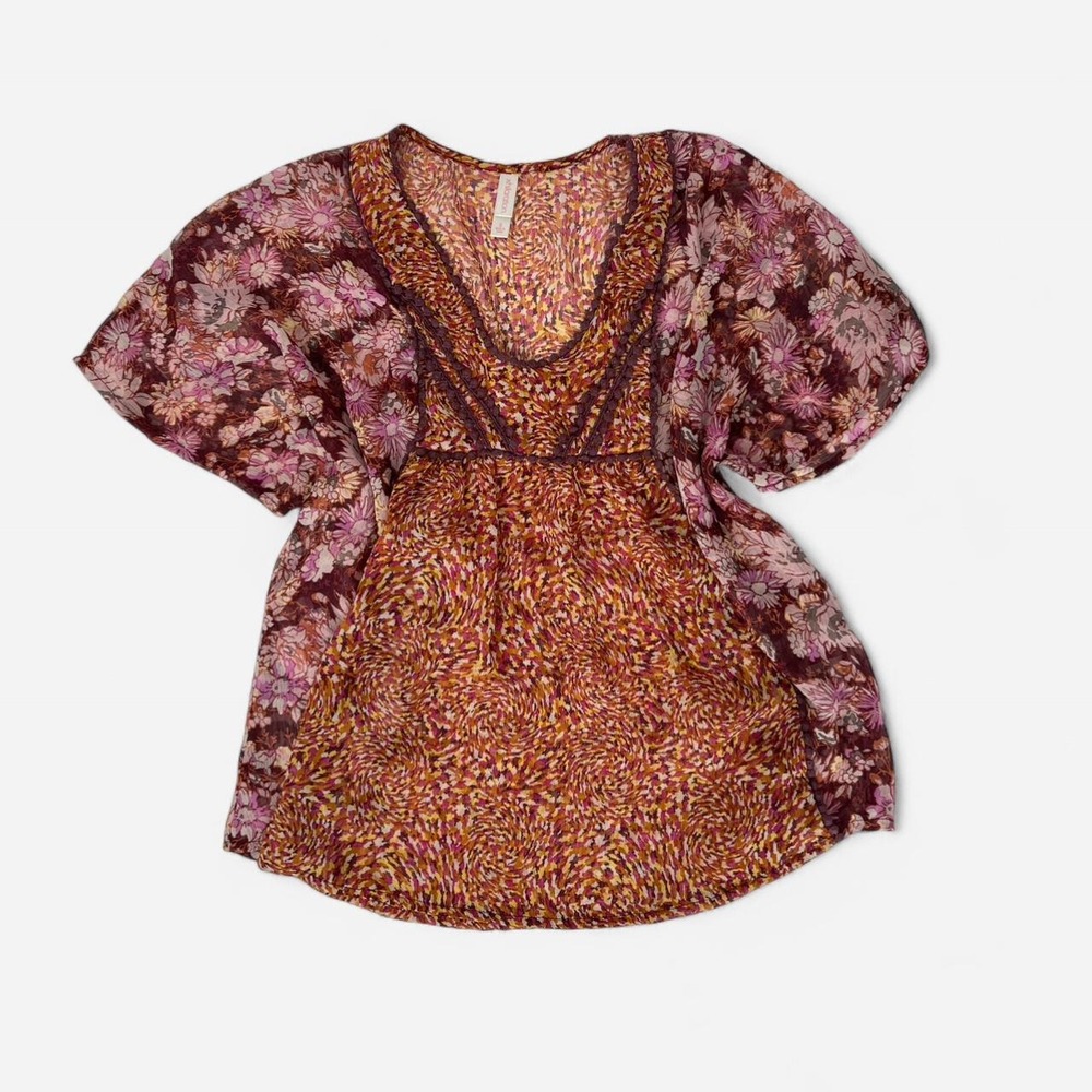 Xhilaration Womens Boho Flowy Blouse Pink Purple Orange Floral Print Top Small